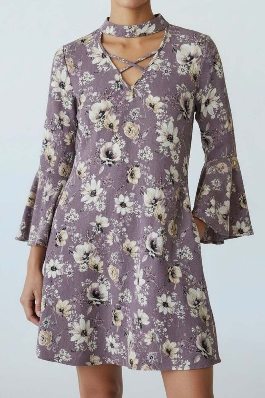 Andree by UNIT Floral Print Choker Neck Bell Sleeve Dress Size L